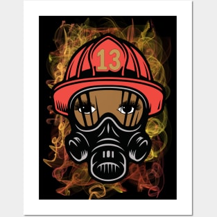 Female Firefighter and Flames Posters and Art